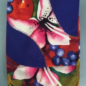 A painting of flowers and berries on a blue background.
