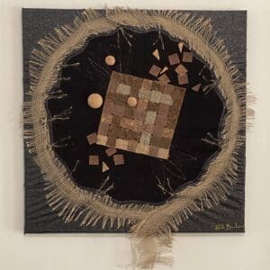 Abstract textile art with burlap frame.
